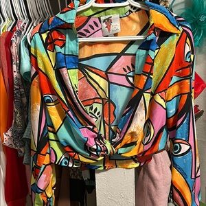 Love Tree Blue and Orange Long Sleeve Crop Button Down Shirt